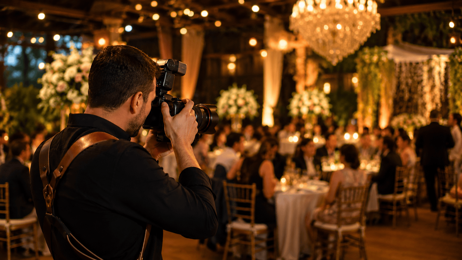 Fotógrafo profissional registrando uma recepção de casamento iluminada