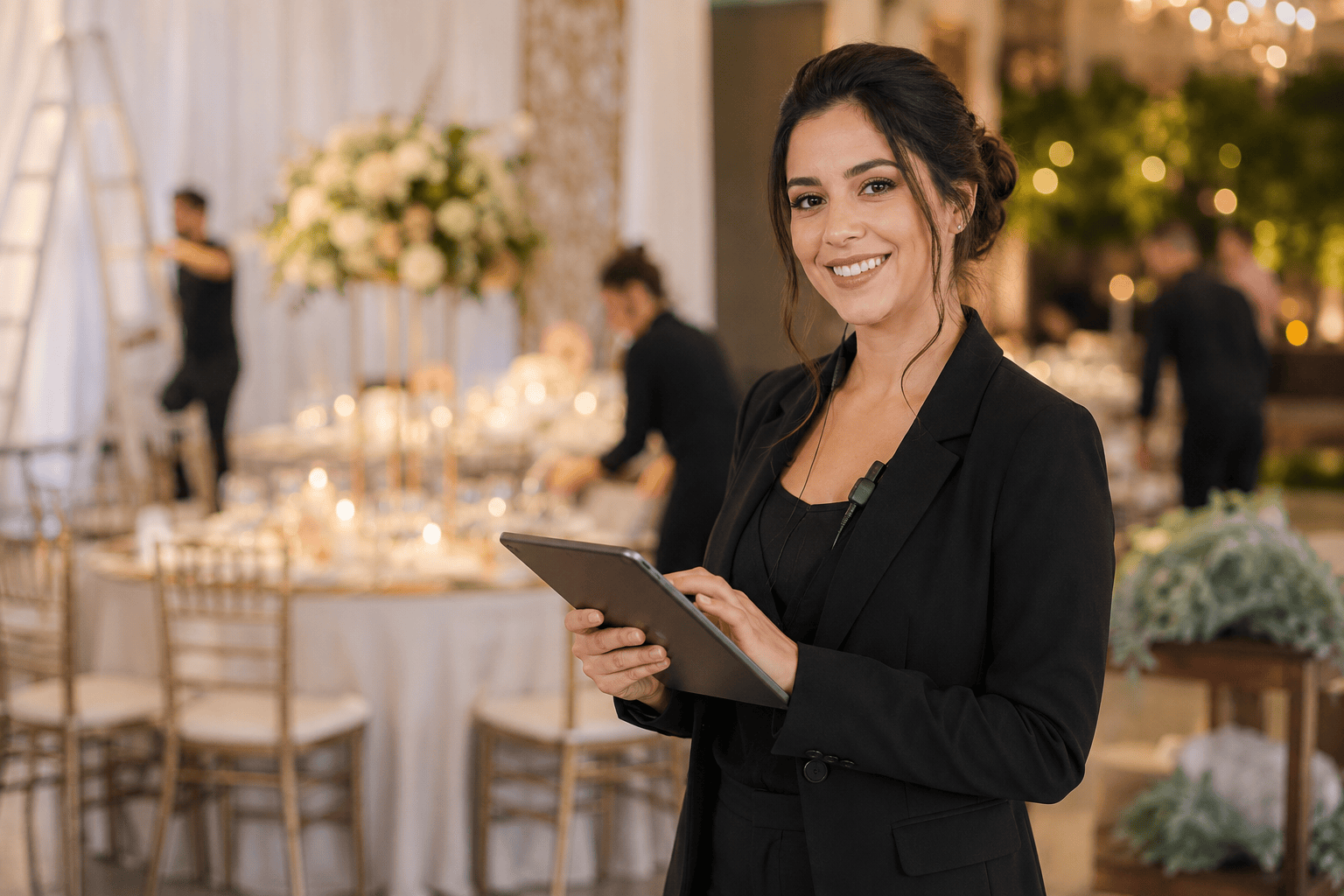 Cerimonialista sorrindo com tablet durante a montagem de um casamento